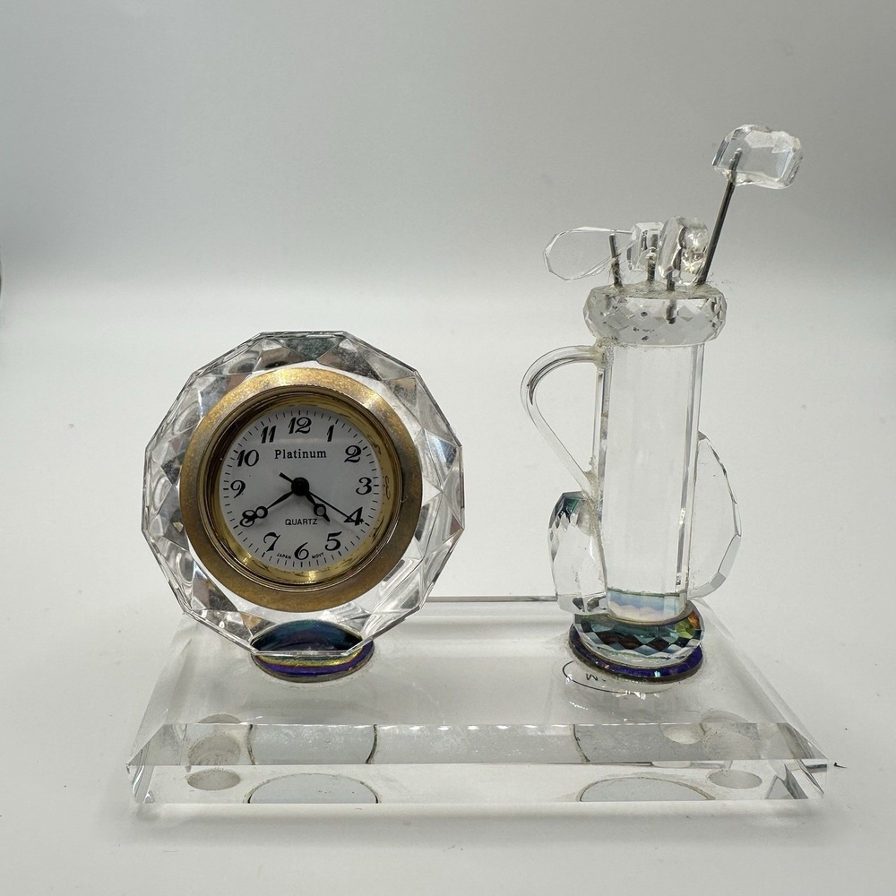 VTG Quartz Crystal Glass Clock Mini Golf Bag 2 1/2" New Battery Office Desk Deco